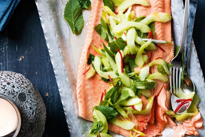 Cooking Fish Poached salmon with cucumber salad