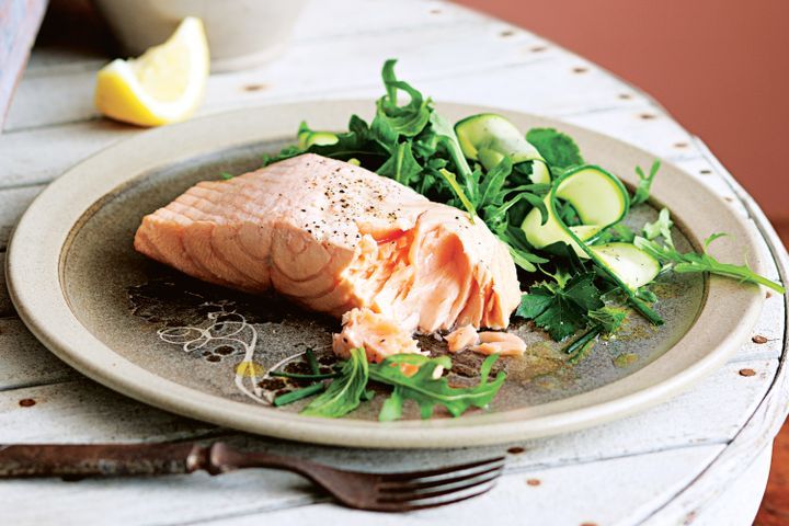 Cooking Fish Poached salmon with cured zucchini salad