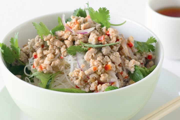 Cooking Fish Pork larb with mint & coriander rice noodles