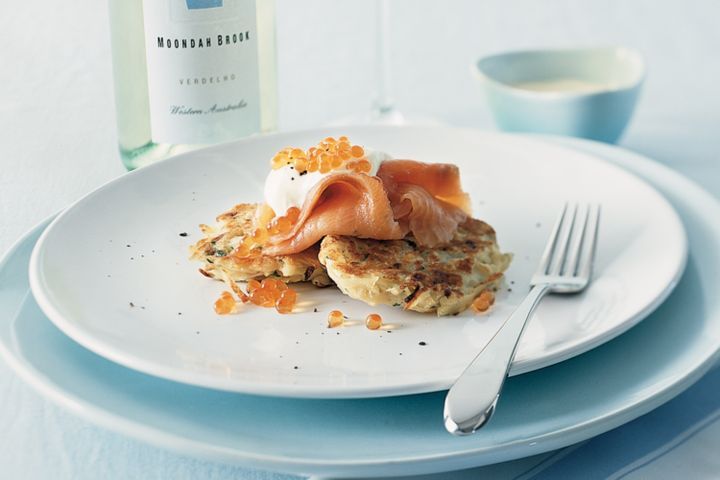 Cooking Fish Potato pancakes with smoked salmon and creme fraiche