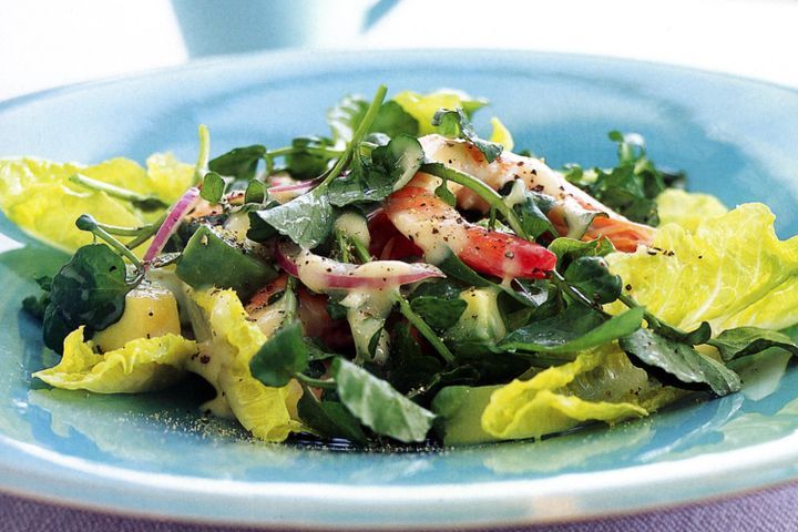 Cooking Fish Prawn, avocado & watercress salad with dijon mayonnaise