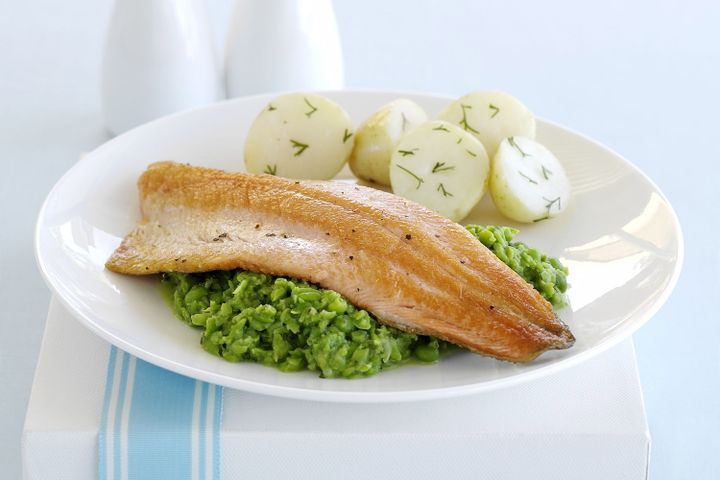 Cooking Fish Rainbow trout with minted pea mash