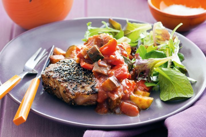 Cooking Fish Ratatouille with peppered steak