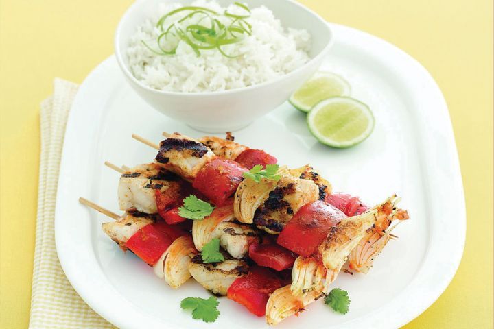 Cooking Fish Red curry fish kebabs with coconut rice