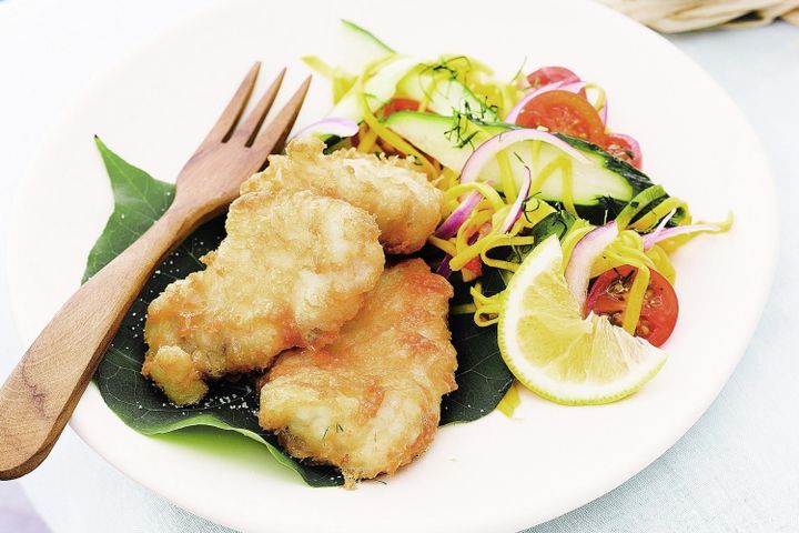 Cooking Fish Reef fish in coconut batter with green mango salad