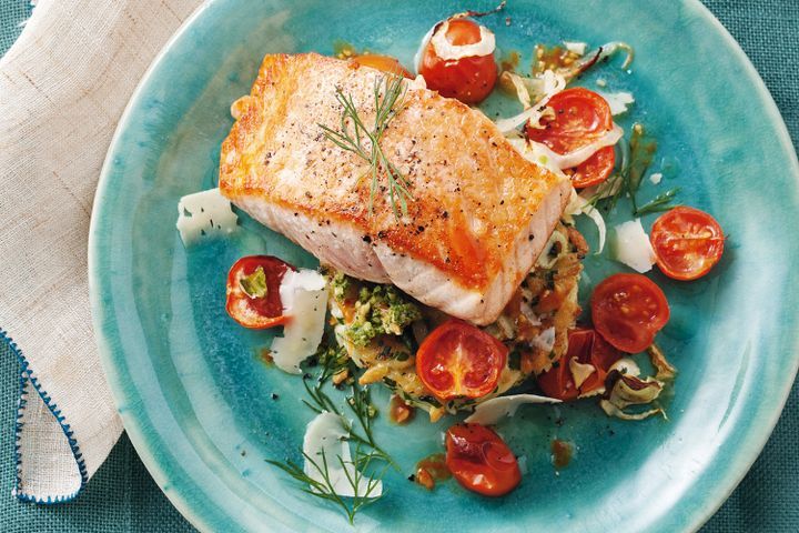 Cooking Fish Risoni, vegie & salmon stack with dill & almond pesto