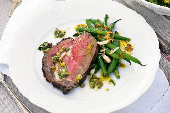 Cooking Fish Roast beef with herb & pistachio salsa verde