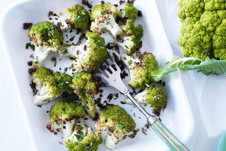 Cooking Fish Roast broccoflower with fennel seeds