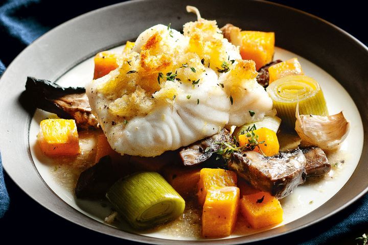 Cooking Fish Roast ling with autumn vegetables