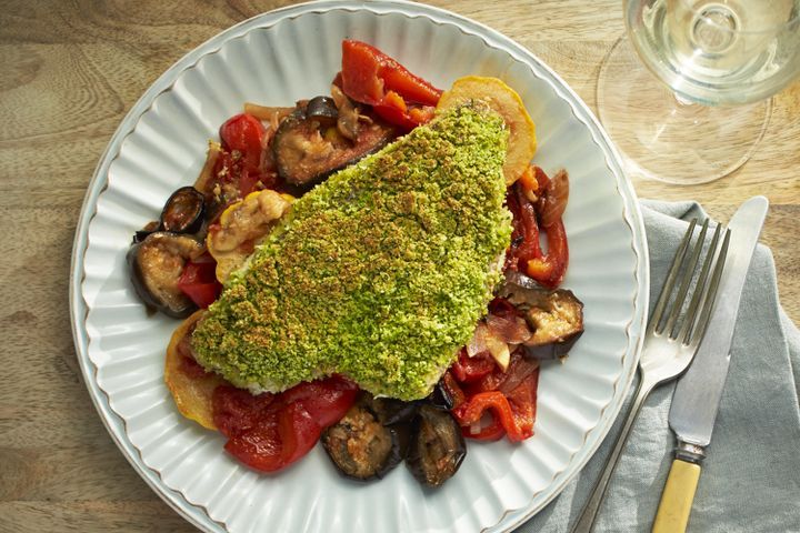 Cooking Fish Roasted ratatouille with parsley and lemon crusted fish