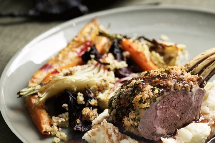 Cooking Fish Roasted root vegetables with anchovy & rosemary crumbs