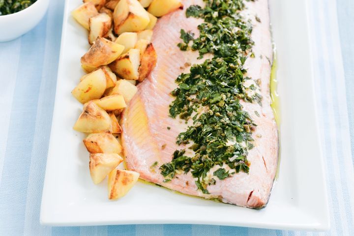 Cooking Fish Roasted salmon with lemon potatoes & salsa verde