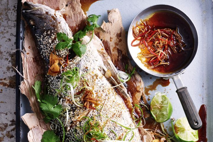 Cooking Fish Roasted whole barramundi with ginger & soy dressing