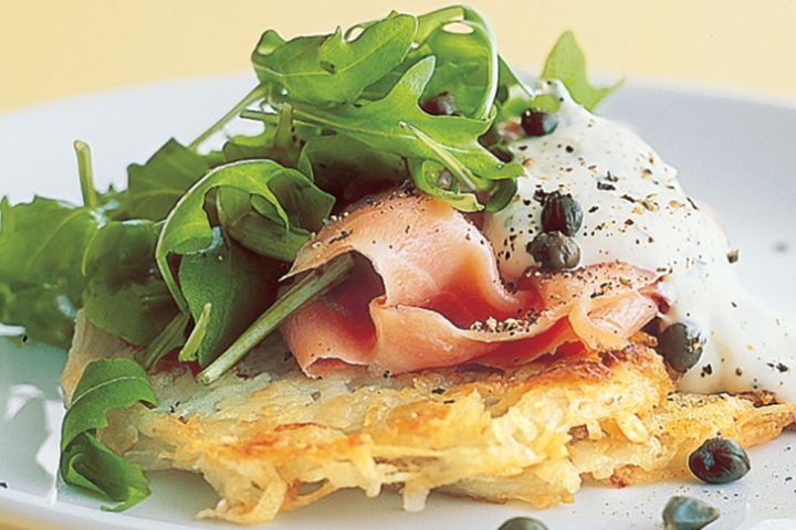 Cooking Fish Rosti with smoked salmon & baby rocket