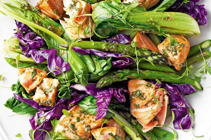 Cooking Fish Salmon, asparagus and buk choy salad