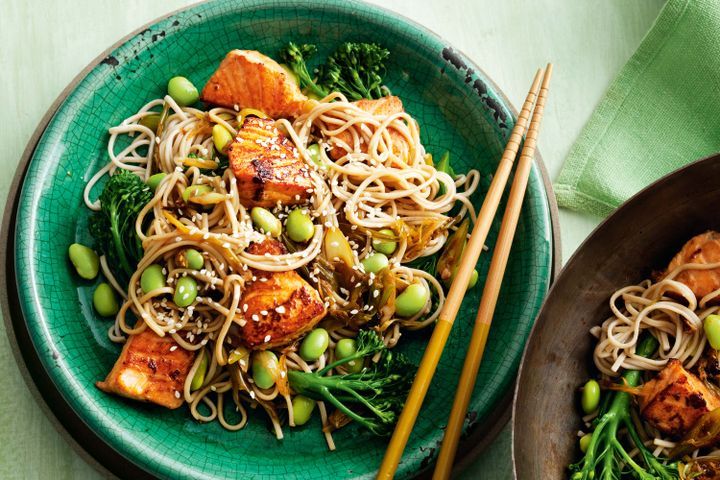 Cooking Fish Salmon, ginger and soba noodle stir-fry