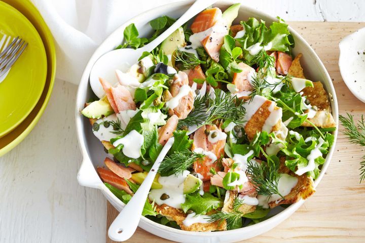 Cooking Fish Salmon and crisp pita salad with Light Ranch dressing