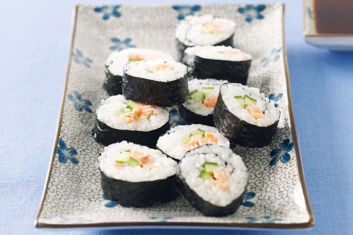 Cooking Fish Salmon and cucumber sushi