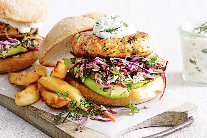 Cooking Fish Salmon and dill burgers with kale coleslaw