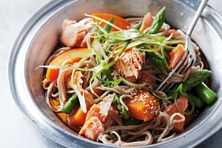 Cooking Fish Salmon and kumara soba noodles