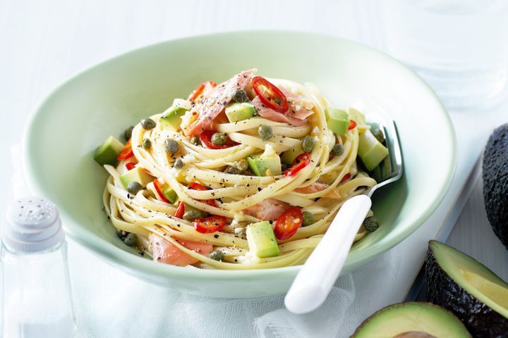 Cooking Fish Salmon & avocado chilli linguine