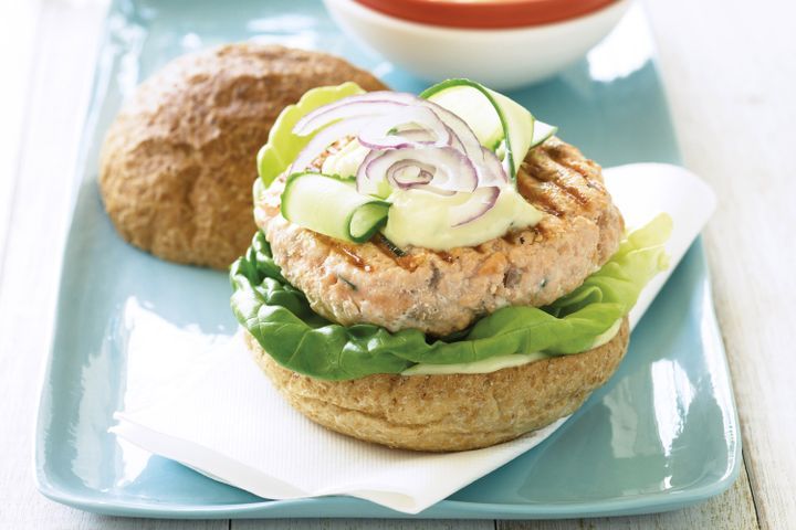 Cooking Fish Salmon burgers with wasabi mayo