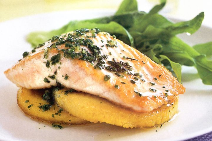Cooking Fish Salmon fillets with polenta fritters