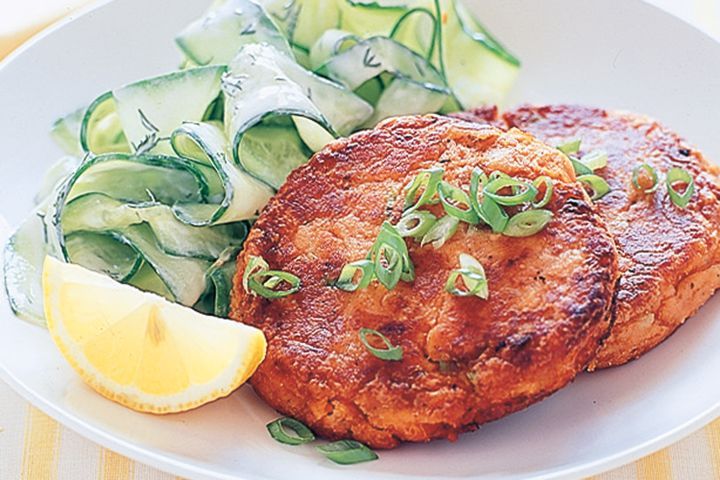 Cooking Fish Salmon fish cakes with yoghurt & cucumber salad