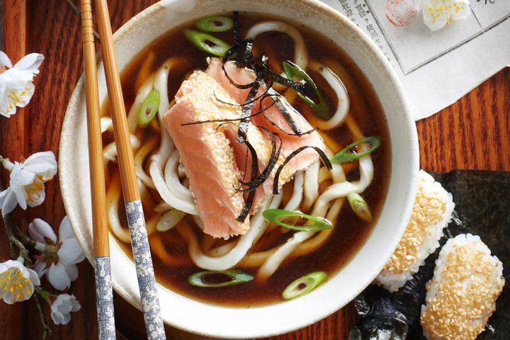 Cooking Fish Salmon miso soup with sesame sushi
