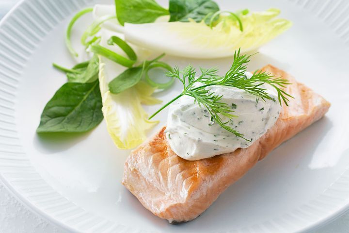 Cooking Fish Salmon steaks with creamy herbed Philly