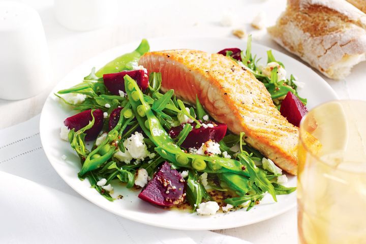 Cooking Fish Salmon with baby beetroot salad