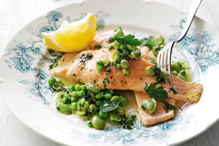 Cooking Fish Salmon with broad beans & parsley oil