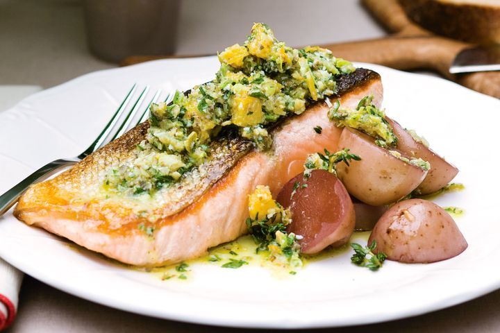 Cooking Fish Salmon with celery, orange and caper salsa verde