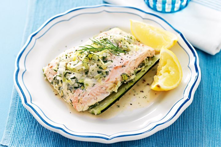 Cooking Fish Salmon with creamy leek and dill sauce