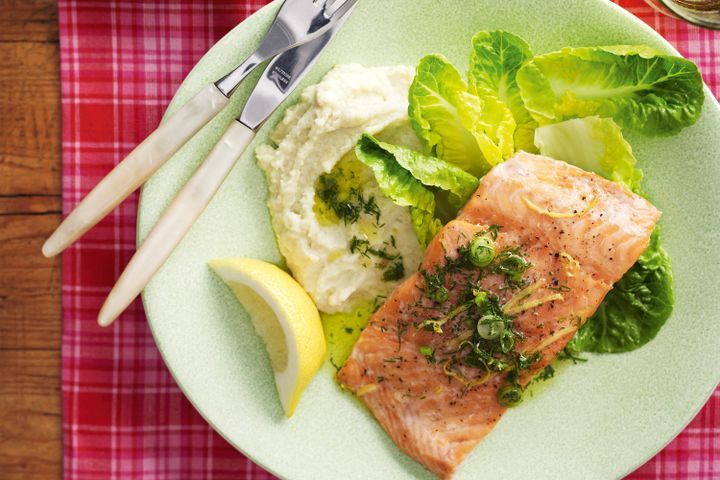 Cooking Fish Salmon with fennel skordalia