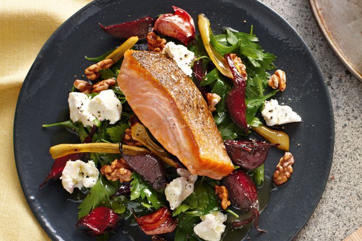 Cooking Fish Salmon with goats cheese & betroot salad
