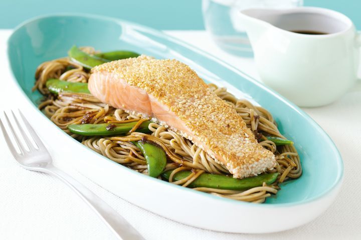 Cooking Fish Salmon with noodles & sugar snap peas