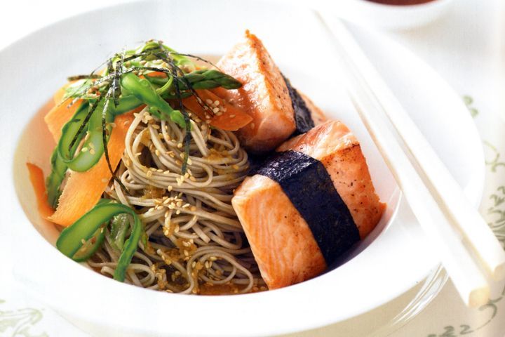 Cooking Fish Salmon with nori and sesame soba noodles