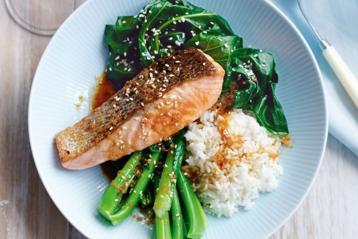Cooking Fish Salmon with sesame greens & ginger-soy dressing