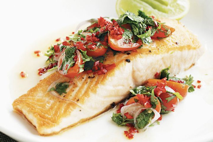 Cooking Fish Salmon with tomato and lime salsa