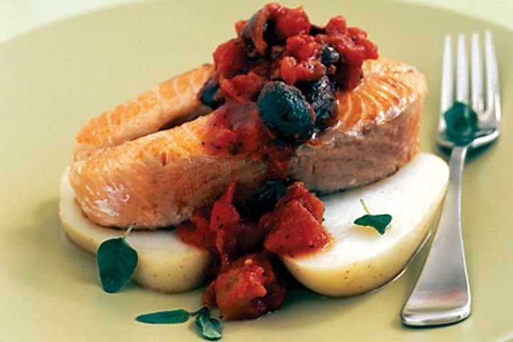 Cooking Fish Salmon with tomato & olive sauce