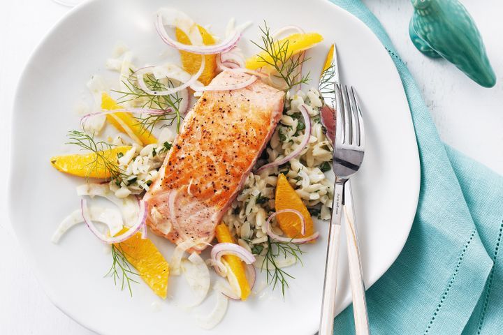Cooking Fish Salmon with white wine risoni & fennel orange salad