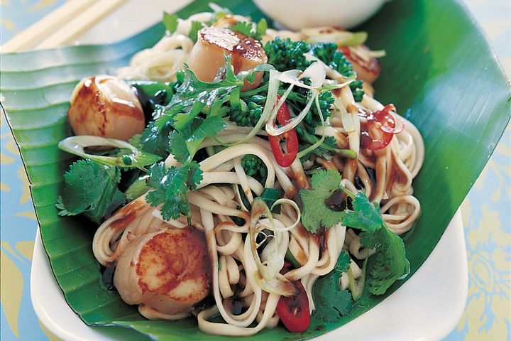 Cooking Fish Scallops with noodles and oyster sauce