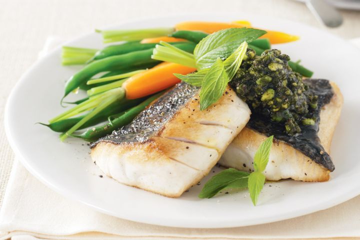 Cooking Fish Seared blue eye with pistachio mint pesto