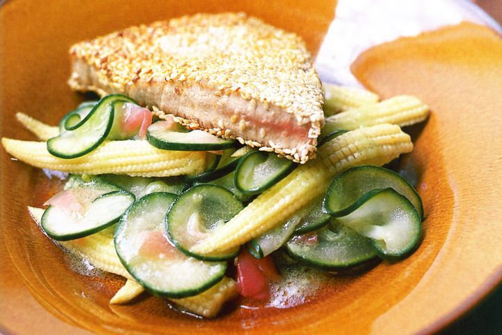 Cooking Fish Seared sesame tuna on pickled cucumber salad