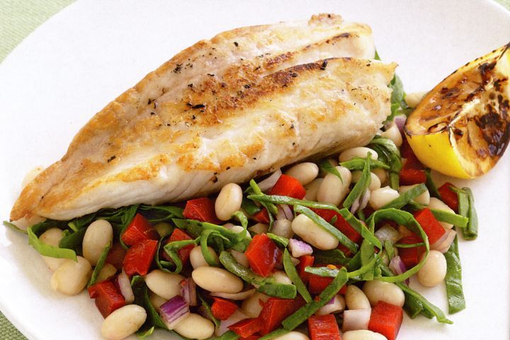 Cooking Fish Seared snapper with spinach, white bean & chilli salad