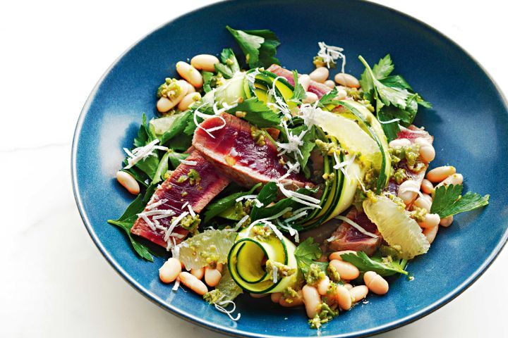 Cooking Fish Seared tuna, zucchini and lemon salad with green olive smash