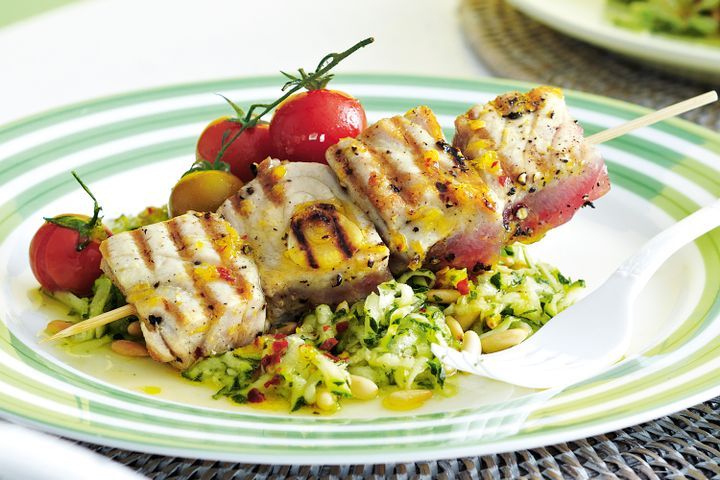 Cooking Fish Seared tuna skewers with zucchini, chilli & mint salad