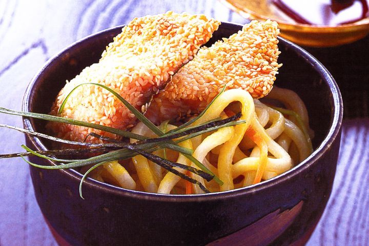 Cooking Fish Sesame-crumbed rainbow trout on wasabi noodles