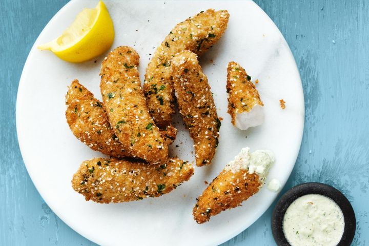 Cooking Fish Sesame-crunch fish fingers with broad bean and yoghurt sauce